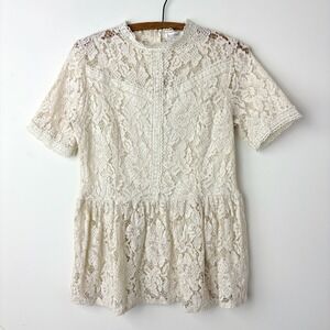 Tobrief Lace Top Womens M Cream Ivory Short Sleeve Peplum Cottage Boho Romantic
